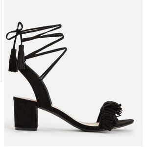 Black Block Heel Fringe Sandal with Leg Ties
